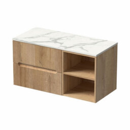 Aveli 1000mm Bathroom Vanity Unit White Marble Countertop Wall Hung Fluted Oak Unit - thumbnail 4