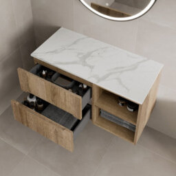 Aveli 1000mm Bathroom Vanity Unit White Marble Countertop Wall Hung Fluted Oak Unit - thumbnail 3