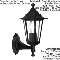 Ip44 Outdoor Wall Ceiling Light Black Aluminium Lantern 1 X 60W E27 Bulb Porch Lamp - thumbnail 2