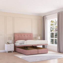 Sloomy Highbury End Lift Ottoman Bed 2Ft6 With Sprung Memory Mattress - Pink Plush & Headboard- Small Single - thumbnail 1