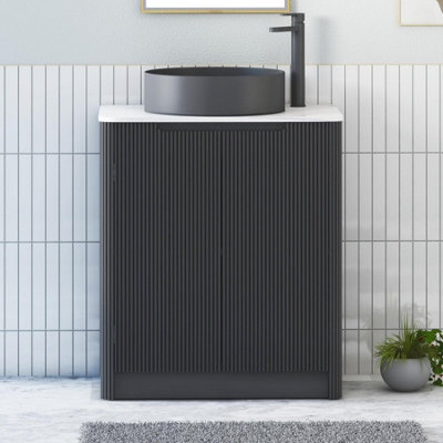 Royal Bathrooms Avenza 600mm Matt Obsidian Black Floor Standing Bathroom Vanity Unit 2 Door With Art Round Black Basin