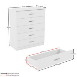 Lassic Vida Designs Riano 3 Piece Bedroom Set (1 Drawer Bedside Chest, 5 Drawer Chest, 2 Door Wardrobe) White - thumbnail 8