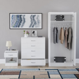 Lassic Vida Designs Riano 3 Piece Bedroom Set (1 Drawer Bedside Chest, 5 Drawer Chest, 2 Door Wardrobe) White - thumbnail 5