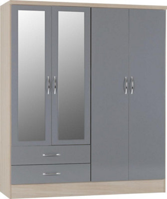 Seconique Nevada 4 Door 2 Drawer Mirrored Wardrobe In Grey Gloss And Oak Effect Finish - image 1