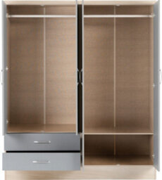 Seconique Nevada 4 Door 2 Drawer Mirrored Wardrobe In Grey Gloss And Oak Effect Finish - thumbnail 3
