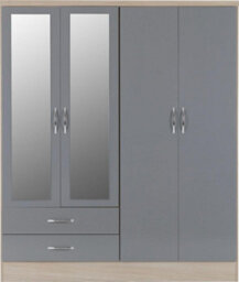 Seconique Nevada 4 Door 2 Drawer Mirrored Wardrobe In Grey Gloss And Oak Effect Finish - thumbnail 2