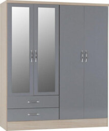 Seconique Nevada 4 Door 2 Drawer Mirrored Wardrobe In Grey Gloss And Oak Effect Finish - thumbnail 1