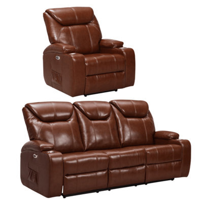 Furniture Instore Cinema Tan Electric 3+1 Seater Leather Recliner Sofa Set With Two Cup Holders - image 1