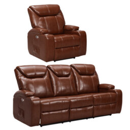 Furniture Instore Cinema Tan Electric 3+1 Seater Leather Recliner Sofa Set With Two Cup Holders