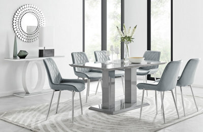 Furniturebox Imperia Grey High Gloss 6 Seater Dining Table With Structural 2 Plinth Column Legs 6 Grey Velvet Silver Leg Pesaro Chairs - image 1