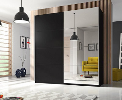 Arte Beta Sliding Door Wardrobe 1800mm H2100mm D600mm - Sleek Black Matt With Mirrored Panels - image 1
