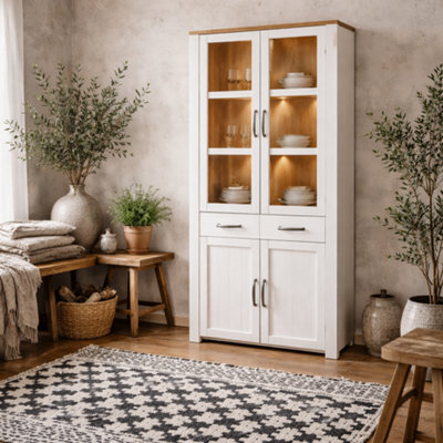Wyld Haus Southampton White And Natural Oak Effect Display Cabinet With Led Lighting, 4 Doors 2 Drawers - image 1