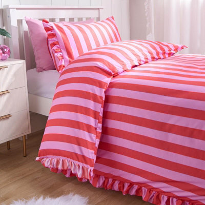 OHS Frill Duvet Cover Bedding Set Pillowcase Stripe Quilt Luxury, Pink - Single - image 1