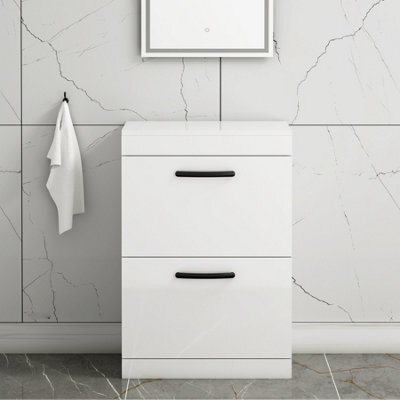 Royal Bathrooms Turin 600mm Gloss White Floor Standing Worktop Vanity Unit - 2 Drawer With Matt Black Handle - image 1