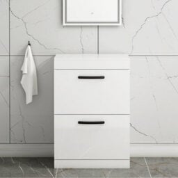Royal Bathrooms Turin 600mm Gloss White Floor Standing Worktop Vanity Unit - 2 Drawer With Matt Black Handle - thumbnail 1