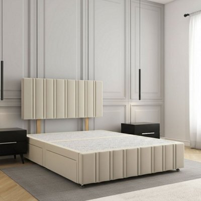 REGIONAL FURNISHINGS Divan Bed Set Cream Plush Velvet Upholstered 24Inch Headboard & Footboard & 2Drawers Sameside & No Mattress In All Sizes - image 1