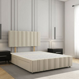 REGIONAL FURNISHINGS Divan Bed Set Cream Plush Velvet Upholstered 24Inch Headboard & Footboard & 2Drawers Sameside & No Mattress In All Sizes - thumbnail 1
