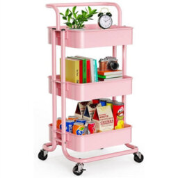 3 Tier Shelf Metal Kitchen Storage Trolley Beauty Home Cart Rack Tray W/ Wheels Pink - thumbnail 3