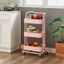 3 Tier Shelf Metal Kitchen Storage Trolley Beauty Home Cart Rack Tray W/ Wheels Pink - thumbnail 1