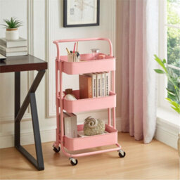 3 Tier Shelf Metal Kitchen Storage Trolley Beauty Home Cart Rack Tray W/ Wheels Pink - thumbnail 4