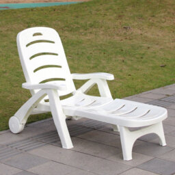Living And Home White Outdoor Plastic Foldable Garden Poolside Lounger Chair Adjustable Chaise Lounge Recliner With Wheels - thumbnail 1