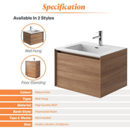 Plum&clay Matterhorn Oak Wall Hung Bathroom Vanity Unit With White Basin (W)600mm (H)450mm - thumbnail 4
