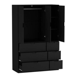Urbn-Living Urbnliving Wooden 3 Door 6 Drawer Wardrobe Bedroom Storage Closet Shelves Hanging Rail Black Unit - Black Doors Drawers - thumbnail 6