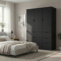 Urbn-Living Urbnliving Wooden 3 Door 6 Drawer Wardrobe Bedroom Storage Closet Shelves Hanging Rail Black Unit - Black Doors Drawers - thumbnail 2