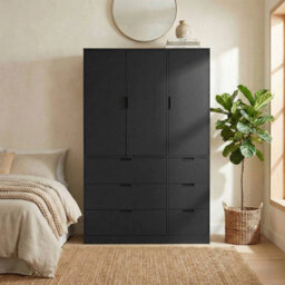 Urbn-Living Urbnliving Wooden 3 Door 6 Drawer Wardrobe Bedroom Storage Closet Shelves Hanging Rail Black Unit - Black Doors Drawers - thumbnail 3