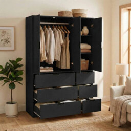 Urbn-Living Urbnliving Wooden 3 Door 6 Drawer Wardrobe Bedroom Storage Closet Shelves Hanging Rail Black Unit - Black Doors Drawers - thumbnail 4