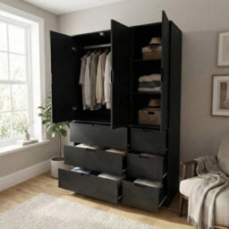 Urbn-Living Urbnliving Wooden 3 Door 6 Drawer Wardrobe Bedroom Storage Closet Shelves Hanging Rail Black Unit - Black Doors Drawers - thumbnail 5