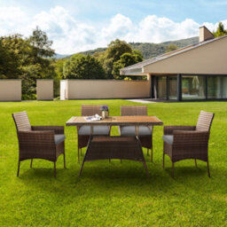 Teamson Home 5 Piece Outdoor Garden Dining Set, Rattan Garden Table & 4 Chairs With Cushions, Wooden Tabletop, Brown/grey - thumbnail 4