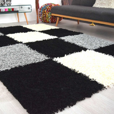 "Bravich Black & Grey Checked Thick Shaggy Rug - California - 160X230Cm (5'4""x7'8"")" - image 1
