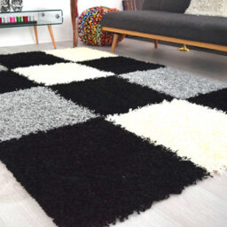 "Bravich Black & Grey Checked Thick Shaggy Rug - California - 160X230Cm (5'4""x7'8"")" - thumbnail 1