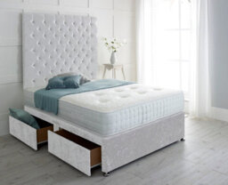 "Slumbre Chesterfield Crushed Velvet Divan Bed, With Pocket Mattress & 36"" Headboard - 4Ft6 Double - White - 0 Drawers"