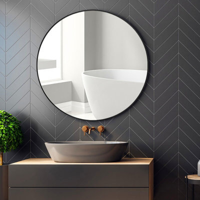 Living And Home Black Round Wall Mirror Bathroom Framed Mirror 50 Cm - image 1