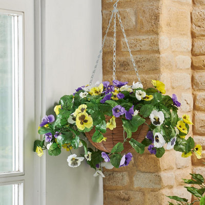 Artificial Pansy Regal Hanging Basket - Uv & Weather Resistant Faux Flower Display In Pot With Metal Chain - H27 X 45Cm Diameter