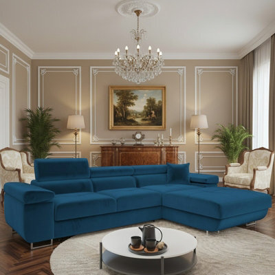 Torezio Mini Corner Sofa Bed With Adjustable Headrests And Storage Box Freestanding Upholstered Back 280X170Cm Blue Right - image 1