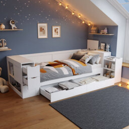 Abrihome Multifunctional 3Ft White Single Daybed With Drawers, Shelves & Bedside Table - 90 X 190 Cm, Storage Cabinets, No Mattress