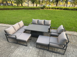 Fimous Garden Aluminium Furniture Set 10 Seater Outdoor Patio Adjustable Rising Lifting Dining Table With 2 Big Footstools - thumbnail 2