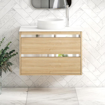 Royal Bathrooms Orion 800mm Natural Oak Wall Hung Plain White Countertop Vanity Unit 2 Drawer With Round Basin & Chrome Accent Trim - image 1