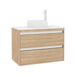 Royal Bathrooms Orion 800mm Natural Oak Wall Hung Plain White Countertop Vanity Unit 2 Drawer With Round Basin & Chrome Accent Trim - thumbnail 6