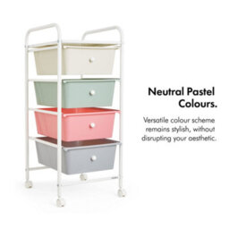 Vonhaus Storage Trolley, 4 Drawer Pastel Wheeled Makeup Trolley, Durable Storage With Plastic Drawers, Chrome Frame & 360 Wheels - thumbnail 3