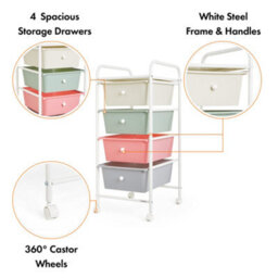 Vonhaus Storage Trolley, 4 Drawer Pastel Wheeled Makeup Trolley, Durable Storage With Plastic Drawers, Chrome Frame & 360 Wheels - thumbnail 6