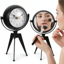 Table Clock Silent Non-Ticking 20Cm Battery Operated Black 360 Degree Rotatable Mirror Clock For Shelf, Mantel Or Bedside