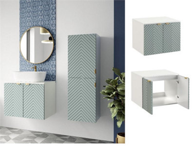 Impact Furniture Wall Hung Vanity Unit 600mm Bathroom Cabinet With White Countertop Worktop Green Fluted Cara - image 1