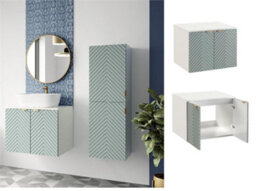 Impact Furniture Wall Hung Vanity Unit 600mm Bathroom Cabinet With White Countertop Worktop Green Fluted Cara
