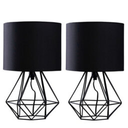 Valuelights Angus Pair Of Modern Black Metal Basket Cage Table Lamps With Black Fabric Shades