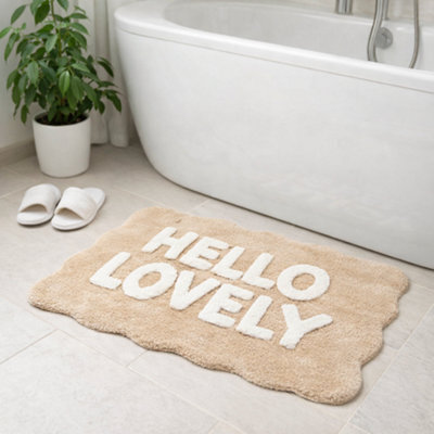 Allure Bath Fashions Hello Lovely Slogan Scalloped Bath Mat Non Slip Bathroom Rug (Beige/white) - image 1