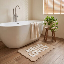 Allure Bath Fashions Hello Lovely Slogan Scalloped Bath Mat Non Slip Bathroom Rug (Beige/white) - thumbnail 3